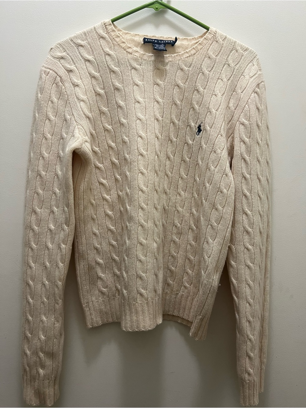 Ralph Lauren Cream Cable Knit Crewneck Sweater with Pony Logo